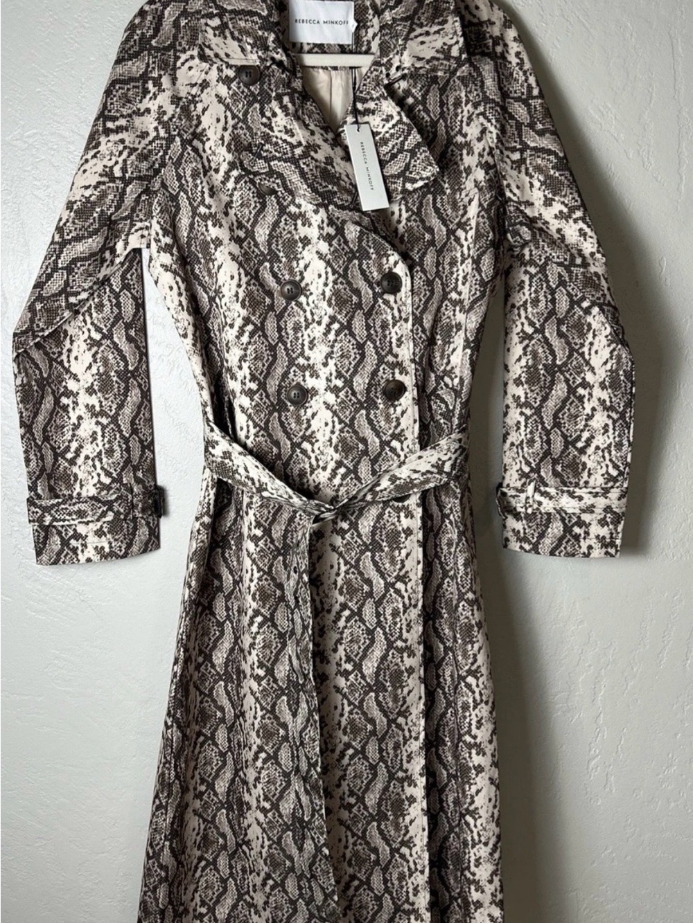 Rebecca Minkoff Cream and Brown Snake-Print Trench Coat